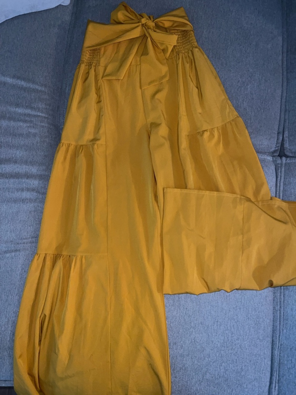 Mustard Tiered Wide-Leg Pants with Waist Tie
